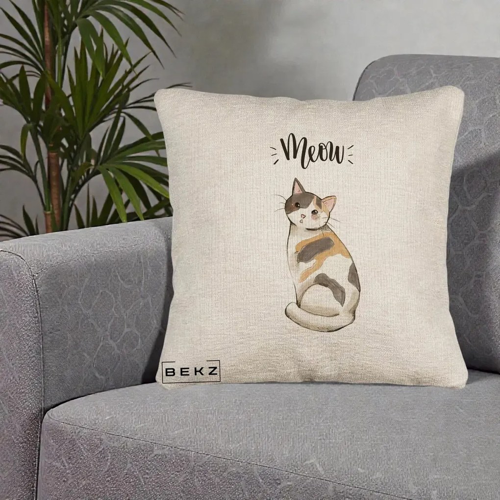 Perna Personalizata Pisica Meow Acuarela, 40x40 cm, Bej Canapea, Husa Detasabila, Perna Inclusa, BEKZ®
