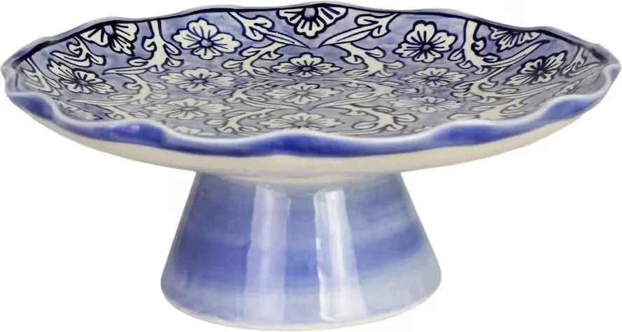 Platou pe picior din ceramică pictată manual, Ø 25 x H 9 cm, albastru, „Miranda"