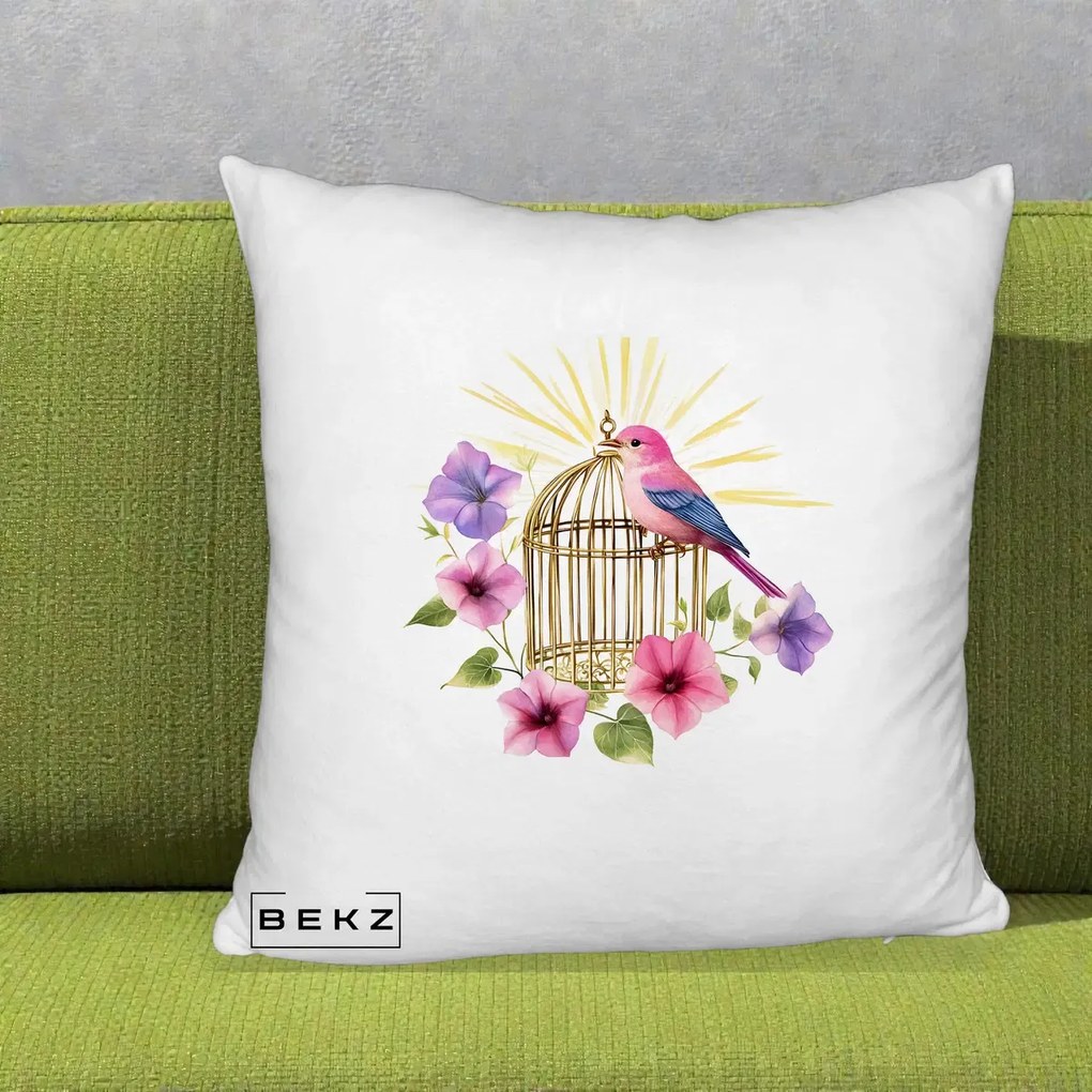 Perna Decorativa Pasare Roz pe Colivie Aurie cu Flori, 40x40 cm, Alb Pufos, Husa Detasabila, Perna Inclusa, BEKZ®