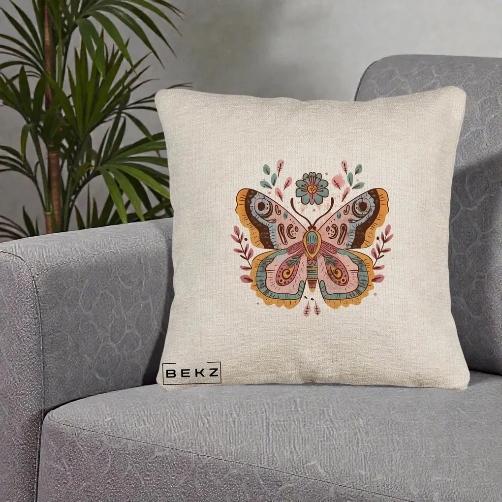 Perna Decorativa Fluture Boho Floral, 40x40 cm, Bej Canapea, Husa Detasabila, Perna Inclusa, BEKZ®