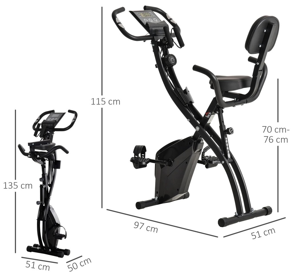 HOMCOM Bicicletă Pliabilă 2 în 1 cu Rezistență Magnetică Reglabilă pe 8 Nivele, 105x48x118 cm, Negru | Aosom Romania
