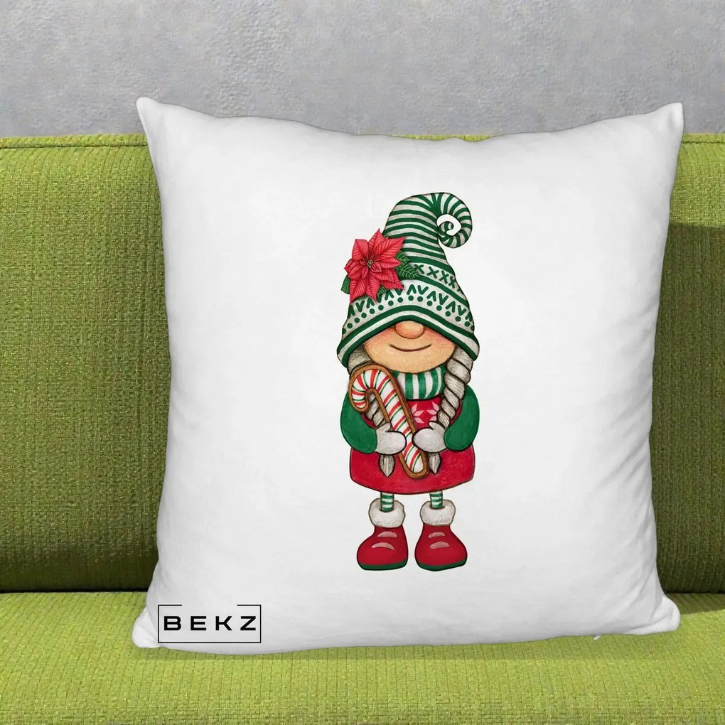 Perna Decorativa Gnom Craciun Verde cu Bomboane si Floare, 40x40 cm, Alb Pufos, Husa Detasabila, Perna Inclusa, BEKZ®