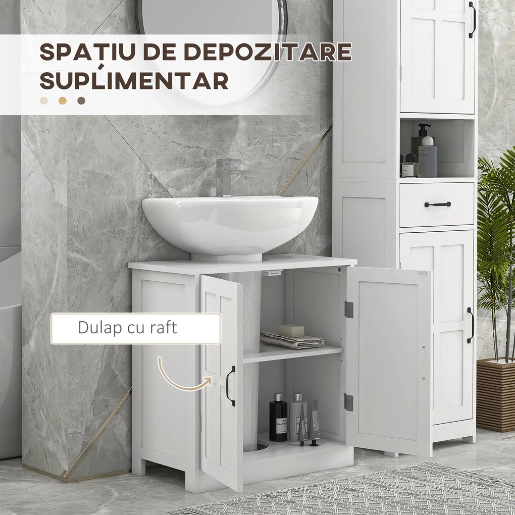kleankin Dulap pentru Chiuvetă cu Piedestal, Dulap Sub Chiuvetă cu 2 Uși și Raft Reglabil, Dulap de Baie cu Decupaj în Formă de U, Alb | Aosom Romania