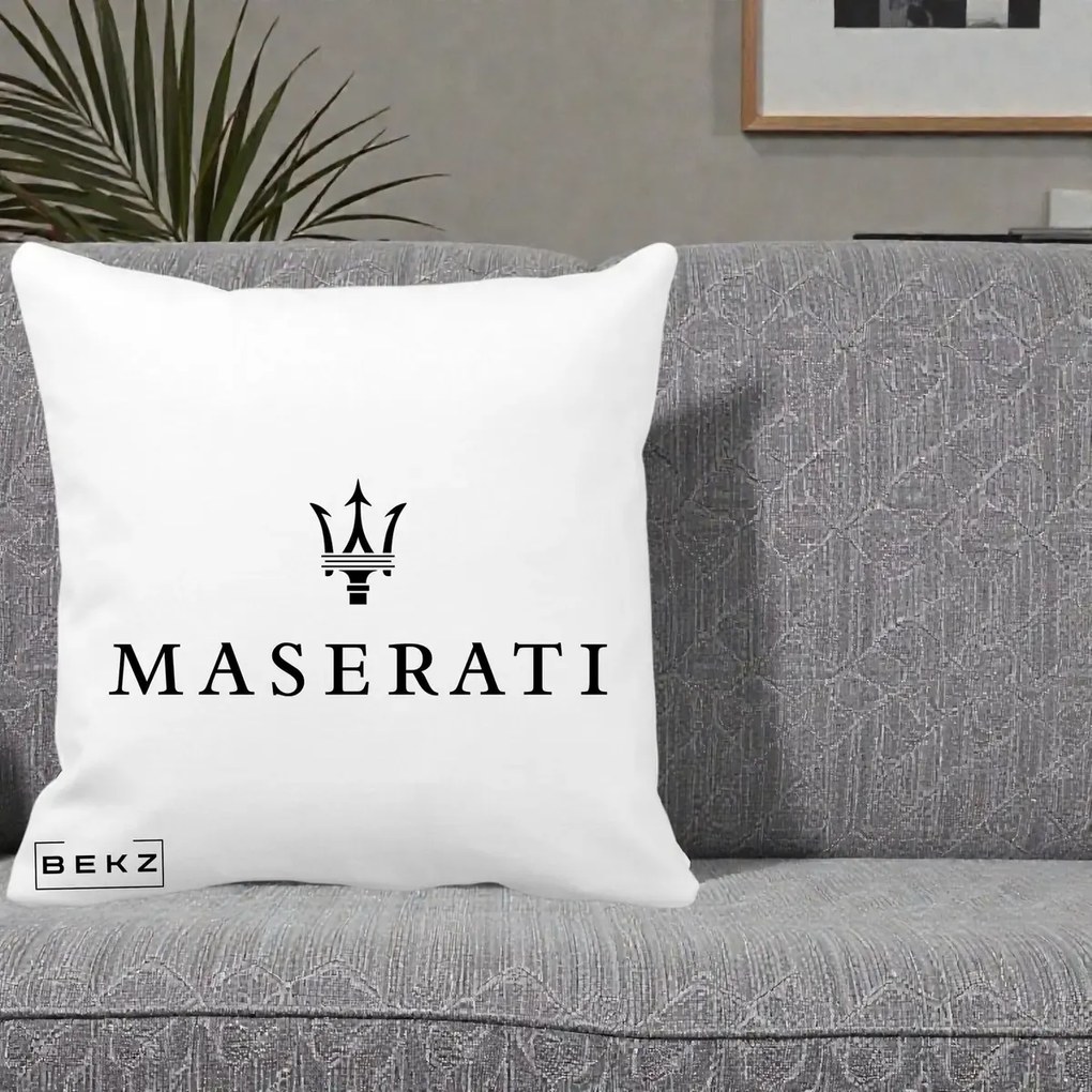 Perna Personalizata cu emblema Maserati, 40x40 cm, Alba Mata, Husa Detasabila, Perna Inclusa, BEKZ®