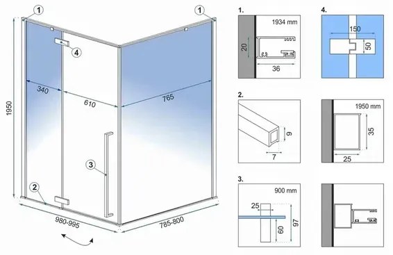 Cabina de dus dreptunghiulara Rea Fargo cu usa batanta 80x100 negru mat