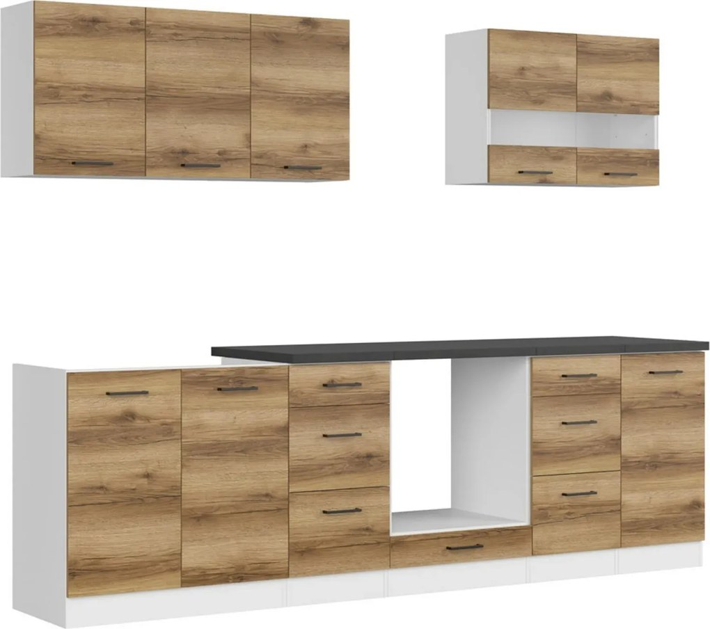 Set bucatarie JUNONA LINE, stejar delano/alb, PAL, 260 cm, cu blat neg