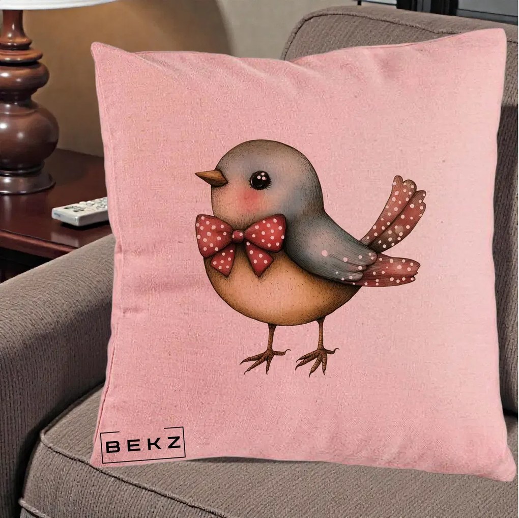 Perna Decorativa Pasare Bleu cu Fundita Rosie, 40x40 cm, Roz, Husa Detasabila, Perna Inclusa, BEKZ®