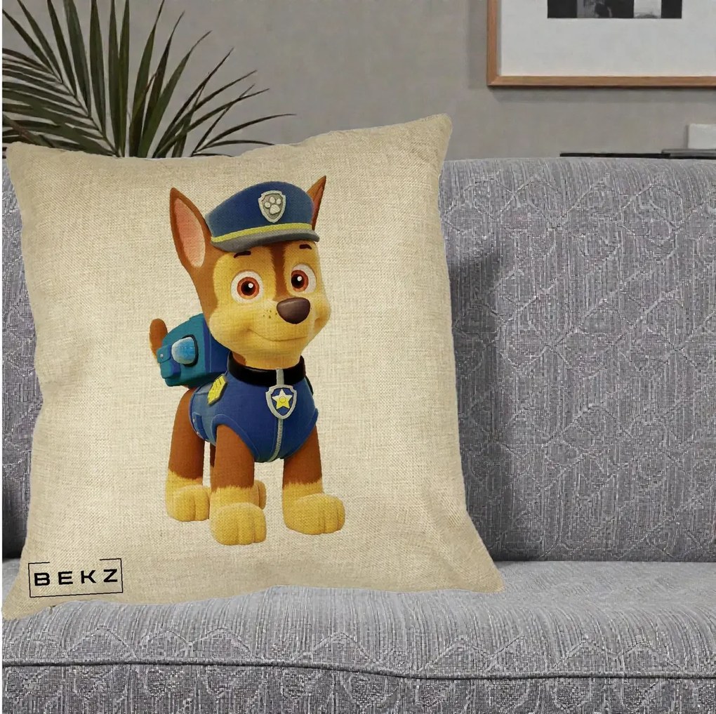 Perna Personalizata Chase PAW Patrol Albastru, 40x40 cm, Crem, Husa Detasabila, Perna Inclusa, BEKZ®