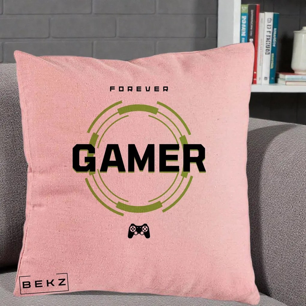 Perna Personalizata Forever Gamer, 40x40 cm, Roz, Husa Detasabila, Perna Inclusa, BEKZ®