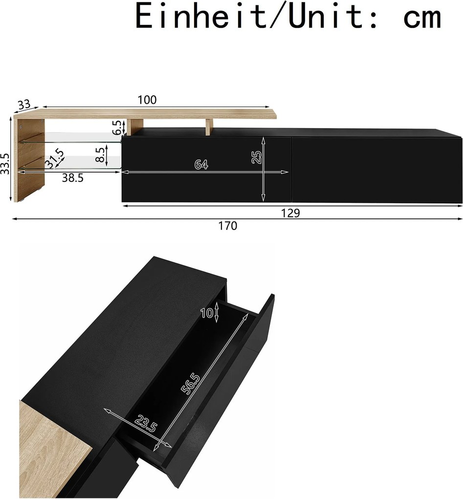 Comodă TV cu iluminare LED, spațiu de depozitare și rafturi din sticlă, 170x33x33,5 cm, Culoare naturală+Negru