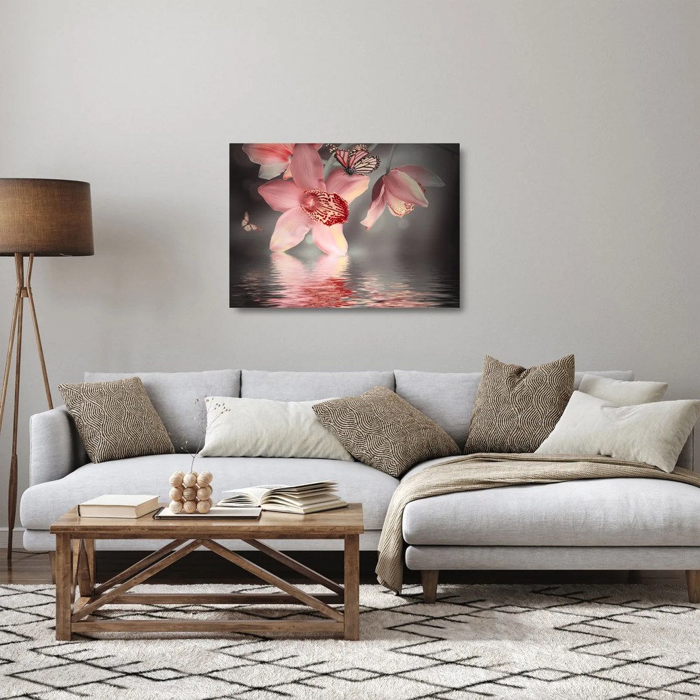 Tablou pe sticlă - Flori și fluture (70x50 cm)