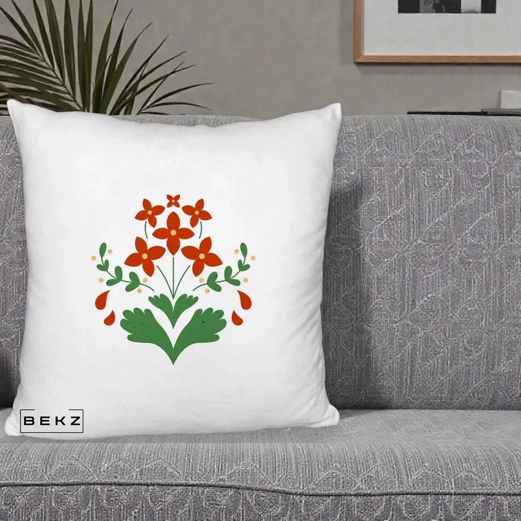 Perna Decorativa Buchet Floral Folk Rosu-Verde, 40x40 cm, Alb Pufos, Husa Detasabila, Perna Inclusa, BEKZ®