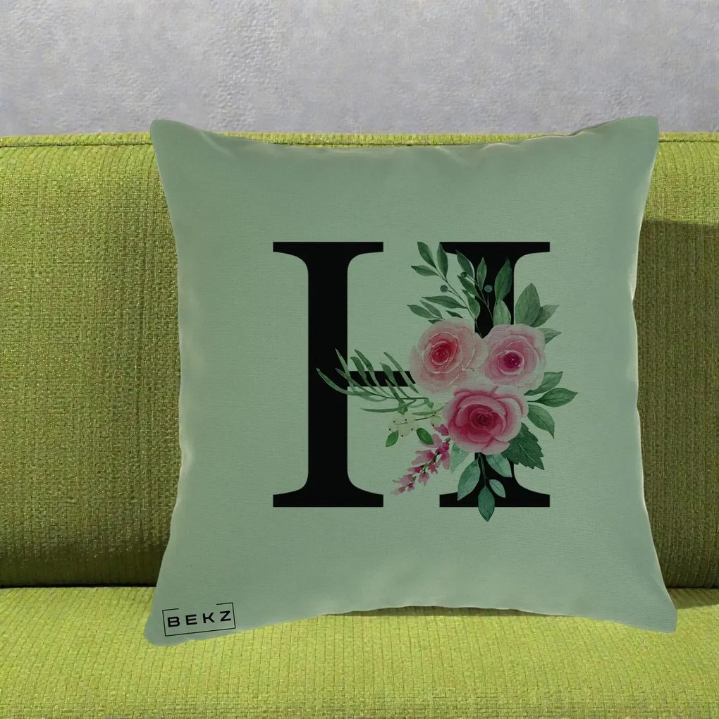 Cadou Personalizat - Perna Personalizata Monograma Florala Litera H cu Trandafiri Roz, 40x40 cm, Verde, Husa Detasabila, Perna Inclusa, BEKZ®