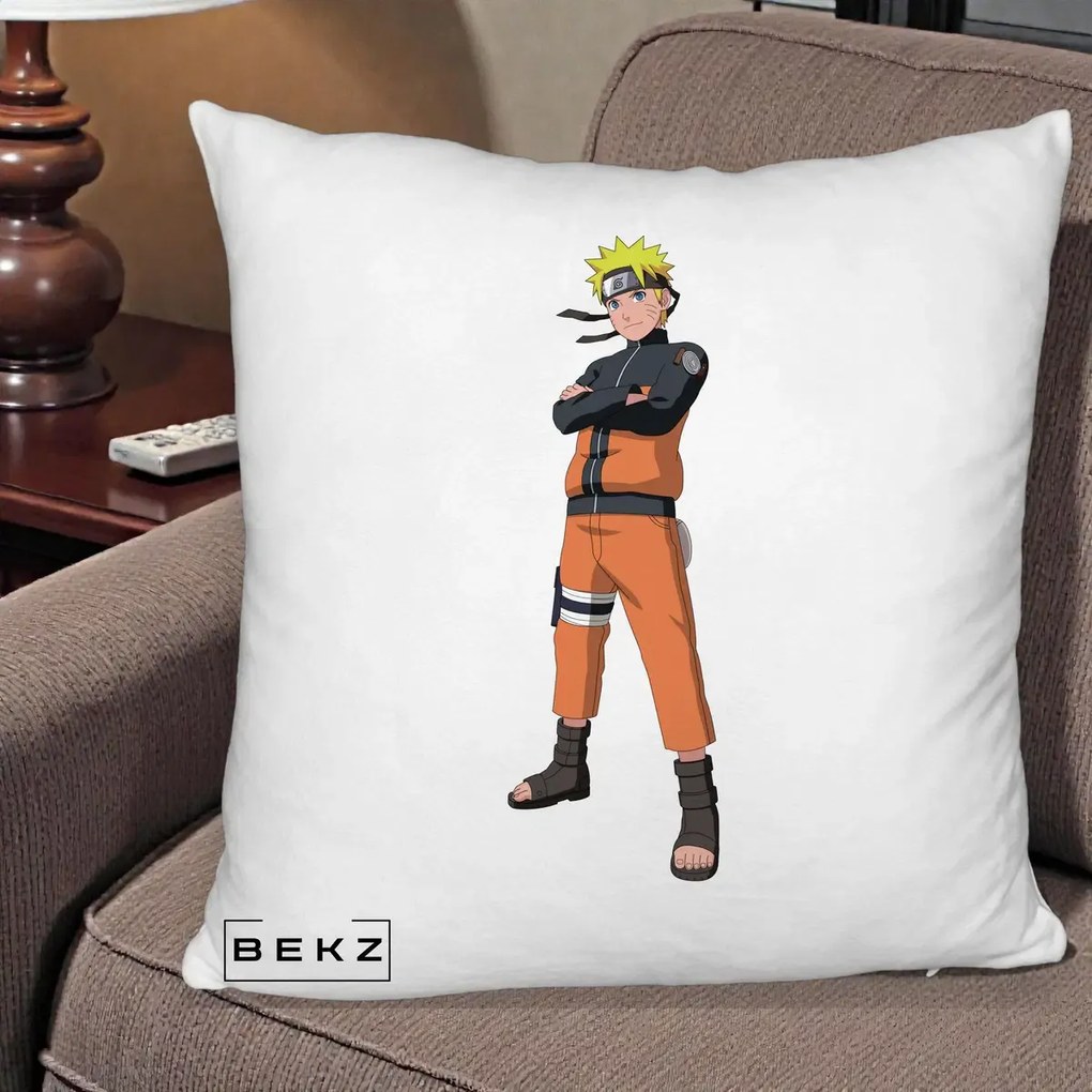 Perna Personalizata Naruto Uzumaki Portret Complet, 40x40 cm, Alb Pufos, Husa Detasabila, Perna Inclusa, BEKZ®