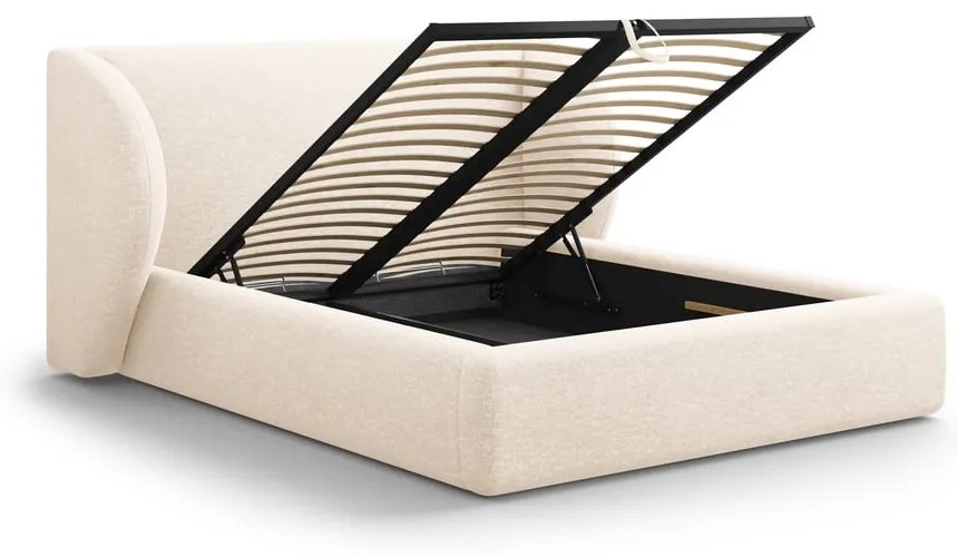 Pat matrimonial crem tapițat cu spațiu de depozitare cu somieră 160x200 cm Miley – Micadoni
