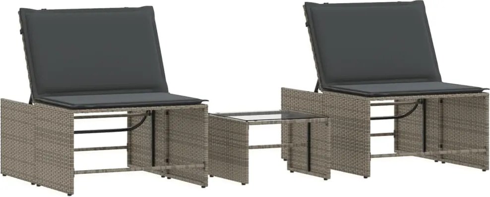 vidaXL Șezlonguri 2 buc. cu masă gri, poliratan
