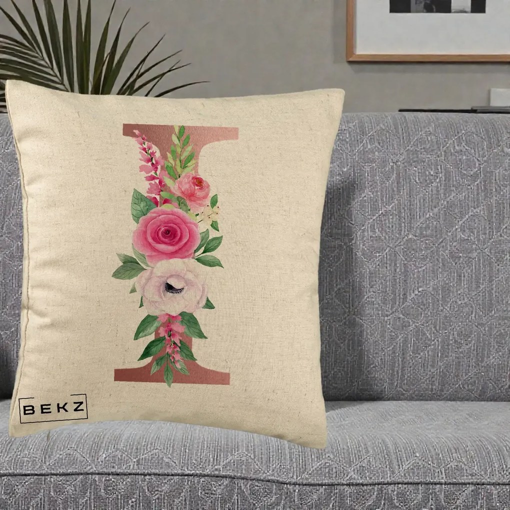 Cadou Personalizat - Perna Personalizata Monograma Rose Gold Litera I, 40x40 cm, Bej, Husa Detasabila, Perna Inclusa, BEKZ®