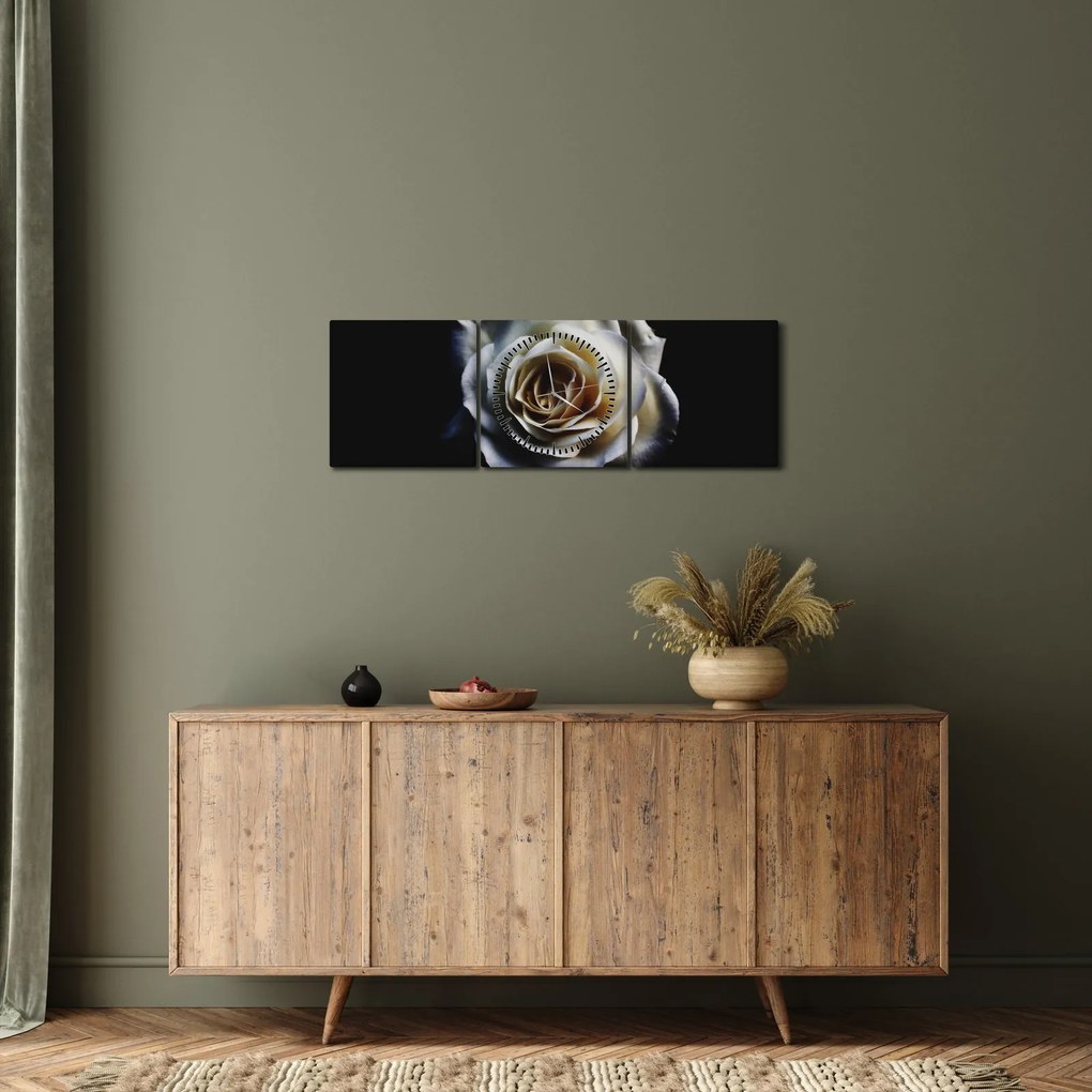 Tablou cu trandafir alb (cu ceas) (90x30 cm)