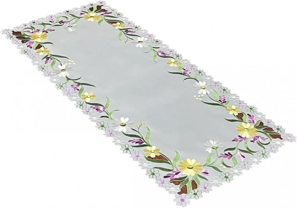 Traversa pentru masa gri cu broderie delicată de flori de primăvară Lățime: 40 cm | Lungime: 160 cm