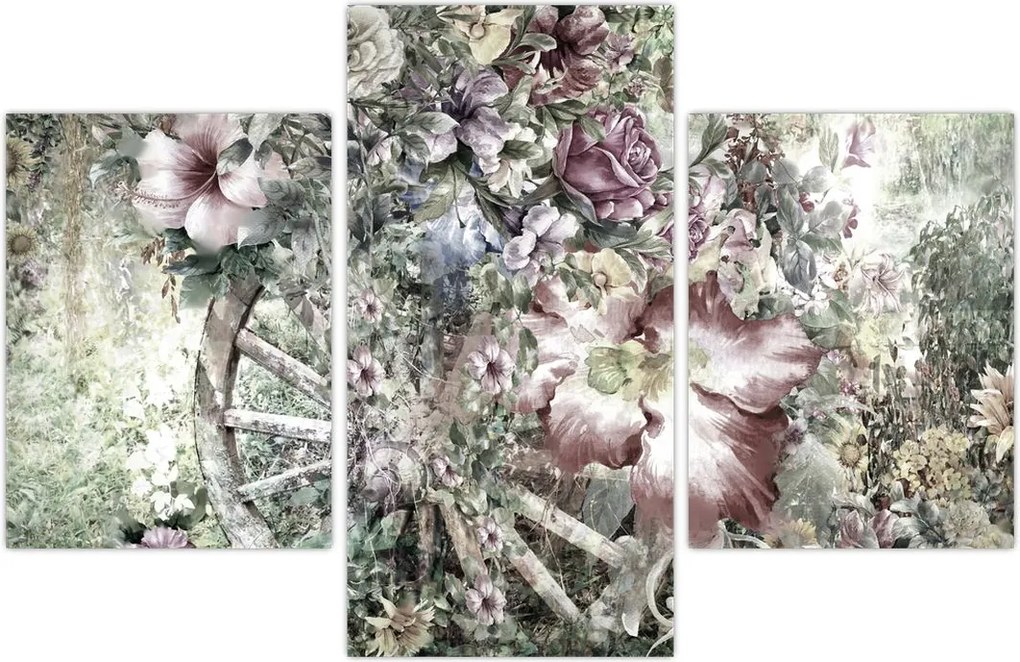 Tablou - Flori pe roata de lemn (90x60 cm)