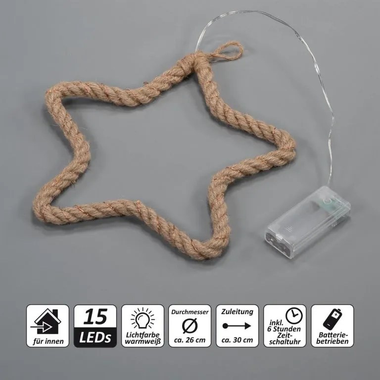 Decorațiune stea de Crăciun, 15 LED-uri, alb cald, 2 bucăți