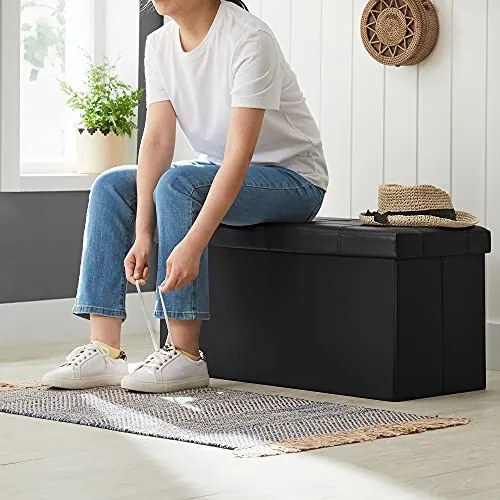 Bancheta cu capac si spatiu depozitare, 76 x 38 x 38 cm, MDF / piele ecologica, negru, Songmics
