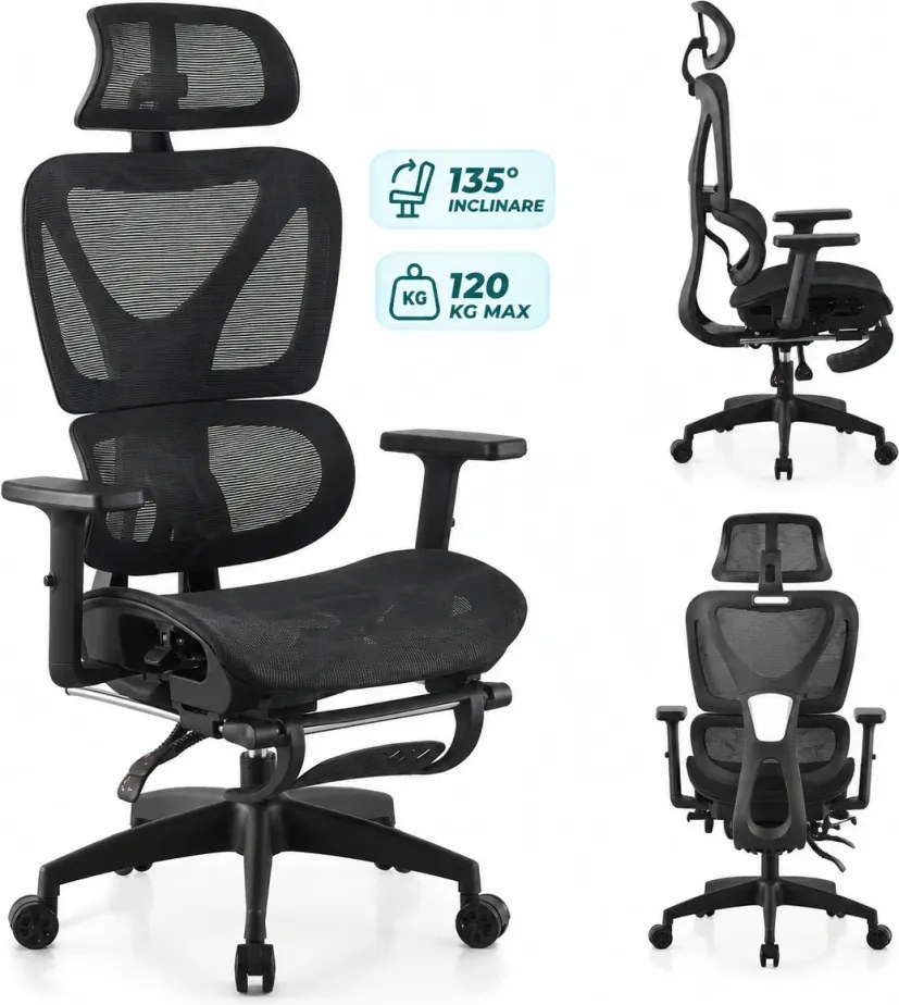 RIGACHAIR PRO Scaun ergonomic, sezut translatie, cotiere 2D, tetiera 2D, recliner 155°, suport picioare, Full Mesh, Negru