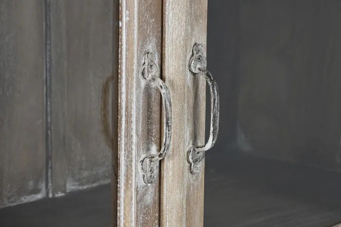 Vitrină sculptată manual din lemn masiv de mango, finisaj décapé alb, 2 uși vitrate, 3 rafturi, 120×44×210 cm, „Jaipur"