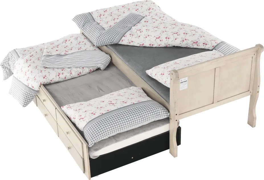 Pat cu pat suplimentar, alb antic, 90x200, ANTIKO