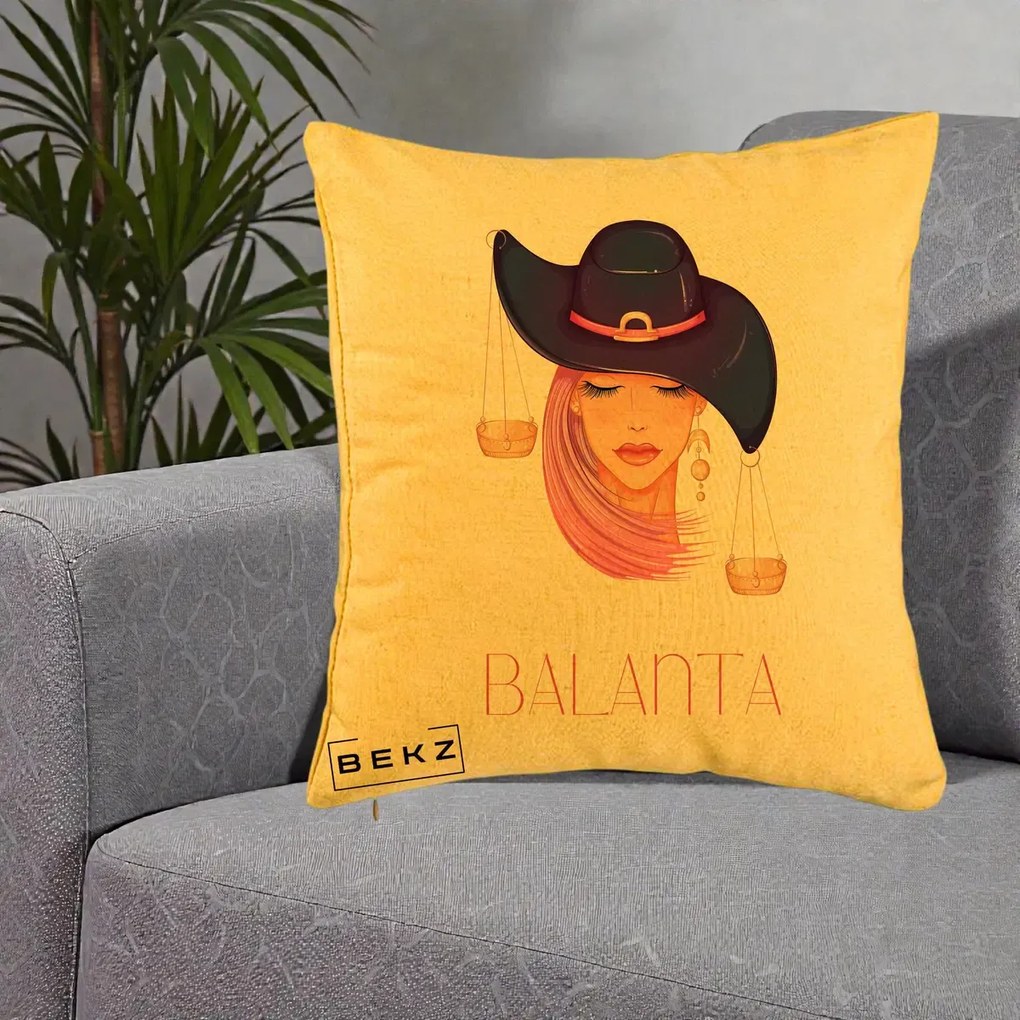Perna Personalizata Zodiac Balanta Cowgirl, 40x40 cm, Galben, Husa Detasabila, Perna Inclusa, BEKZ®
