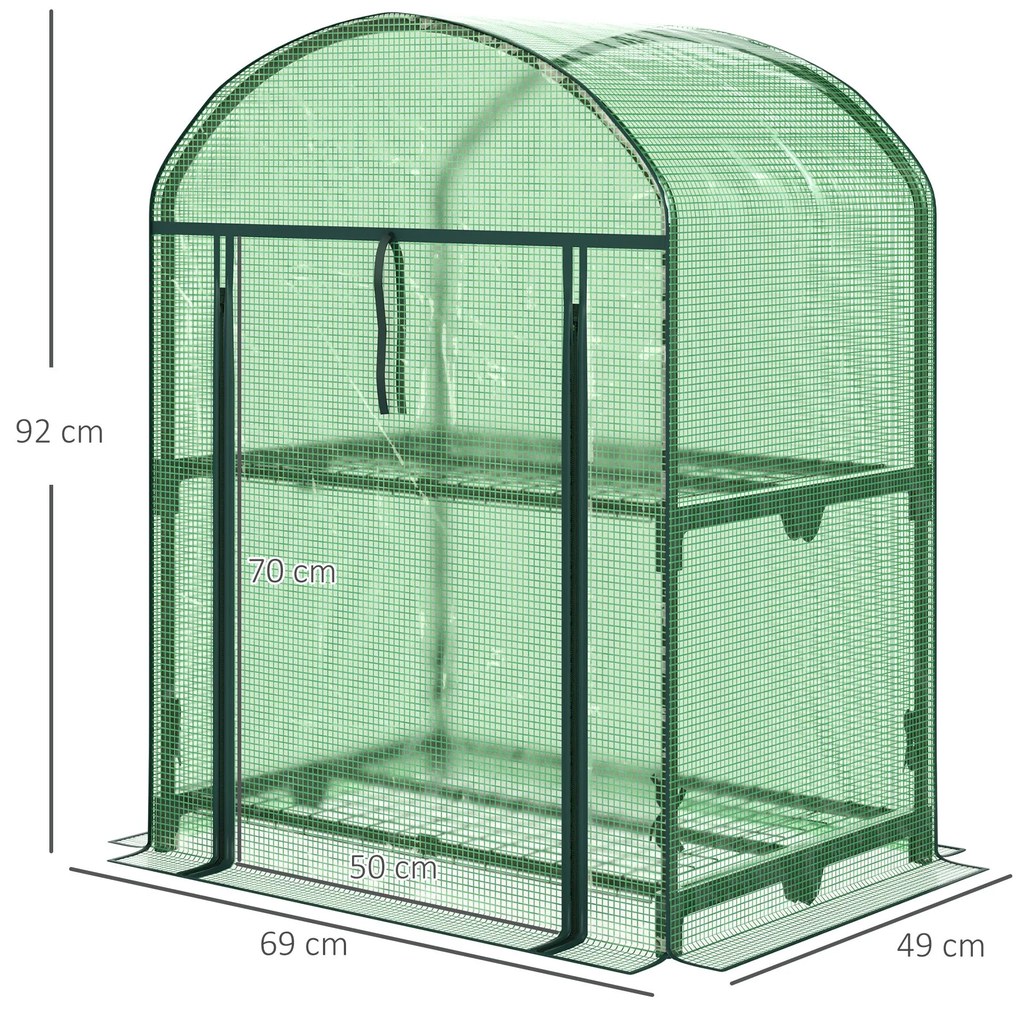 Outsunny Mini Seră de Grădină cu 2 Rafturi Metalice și Acoperiș PE, Seră Compactă pentru Balcon și Terasă, 69x49x91 cm, Verde | Aosom Romania