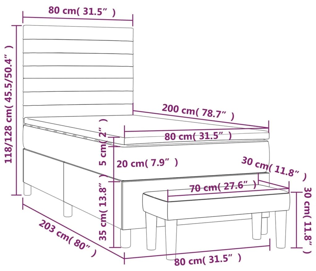 Pat box spring cu saltea, verde inchis, 80x200 cm, catifea Verde inchis, 80 x 200 cm, Benzi orizontale