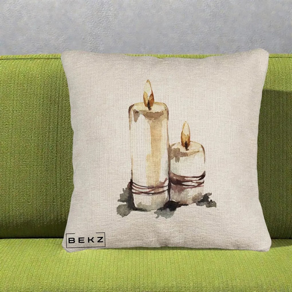 Perna Decorativa Lumanari Acuarela Iarna, 40x40 cm, Bej Canapea, Husa Detasabila, Perna Inclusa, BEKZ®