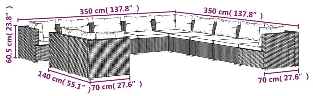 Set mobilier de gradina cu perne, 11 piese,gri, poliratan gri si antracit, 5x colt + 6x mijloc, 1