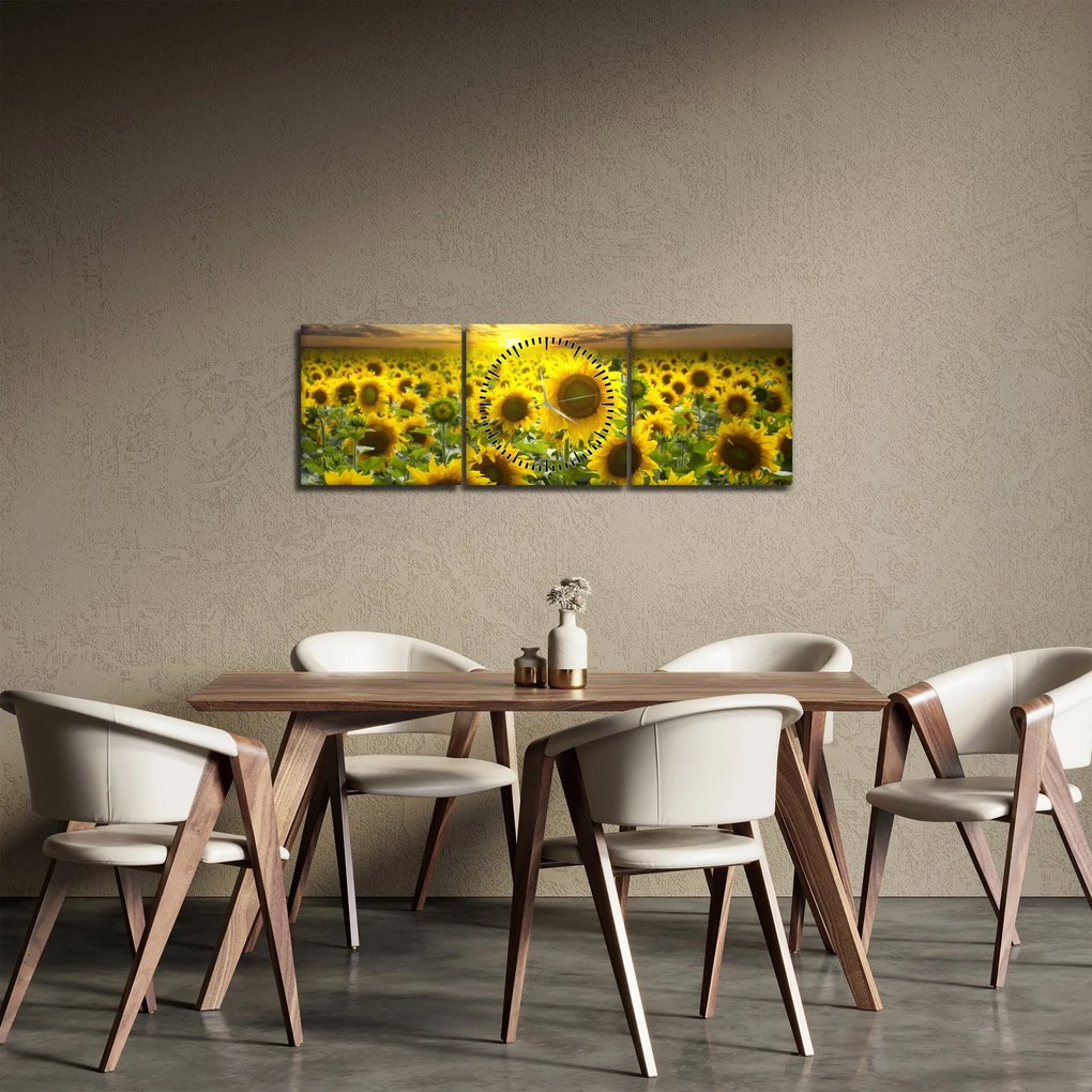 Tablou - Floarea-soarelui la apus de soare (cu ceas) (90x30 cm)