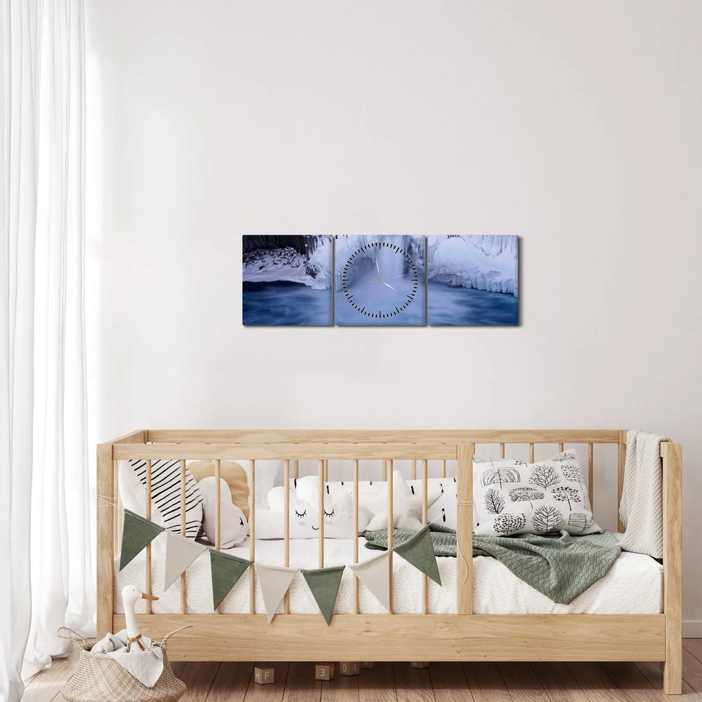 Tablou cu cascadele iarna (cu ceas) (90x30 cm)