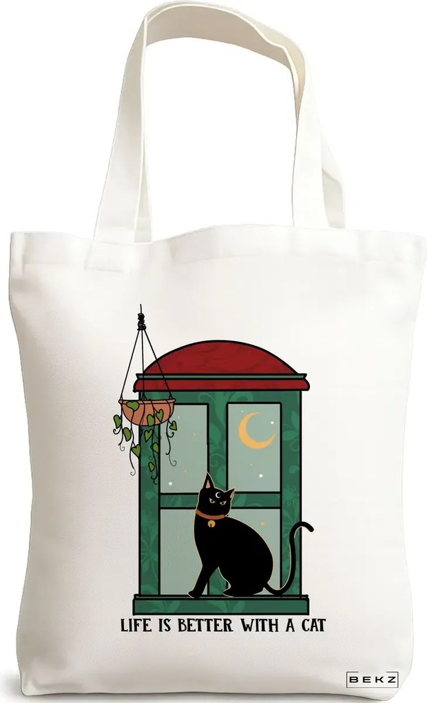 Sacosa de Panza pentru Cumparaturi, Geanta Tote, model Life is Better With a Cat, 38 x 34.5 cm, Alba, BEKZ®
