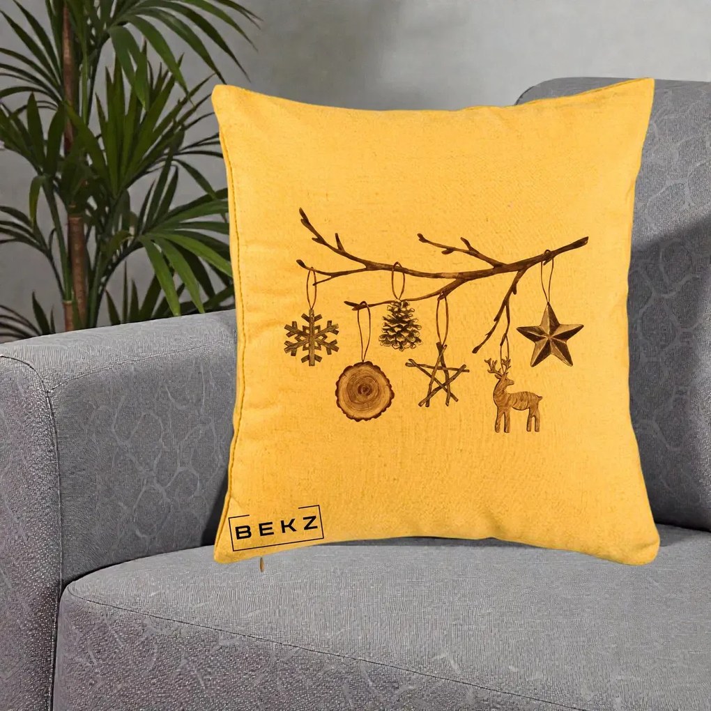 Perna Decorativa Ornamente de Lemn pe Ramura, 40x40 cm, Galben, Husa Detasabila, Perna Inclusa, BEKZ®
