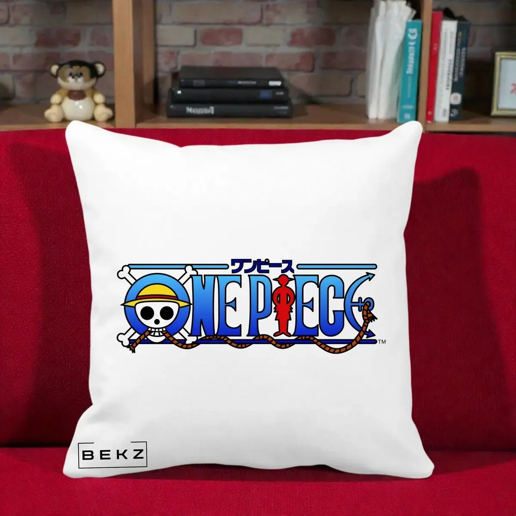 Perna Personalizata One Piece Clasic Albastru, 40x40 cm, Alba Mata, Husa Detasabila, Perna Inclusa, BEKZ®