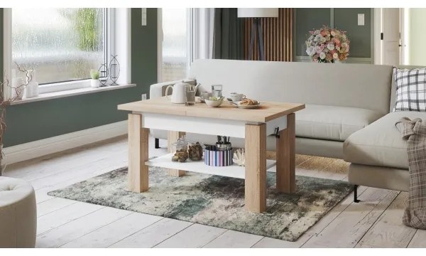 Masă extensibilă ADONIS pentru living și dining, stejar Sonoma/alb, cu poliță