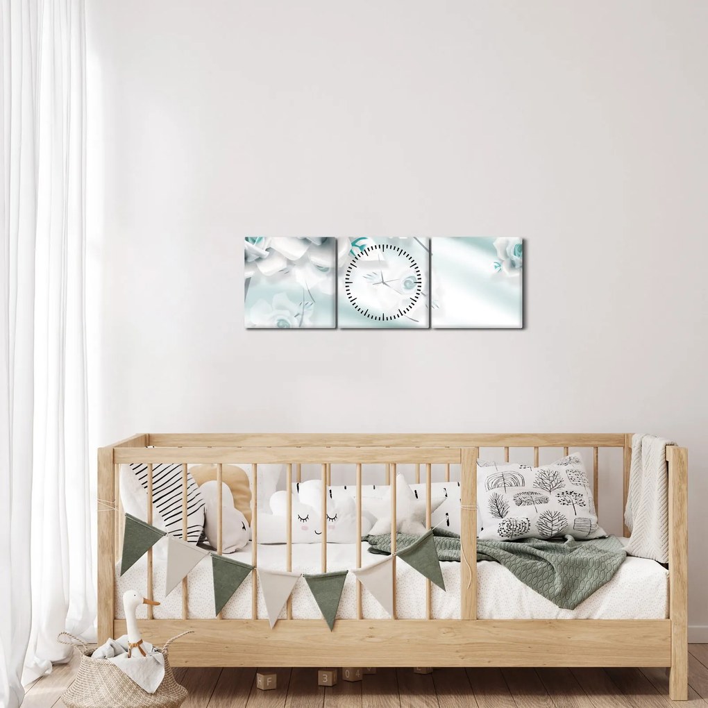 Tablou - Flori de trandafir turcoaz (cu ceas) (90x30 cm)