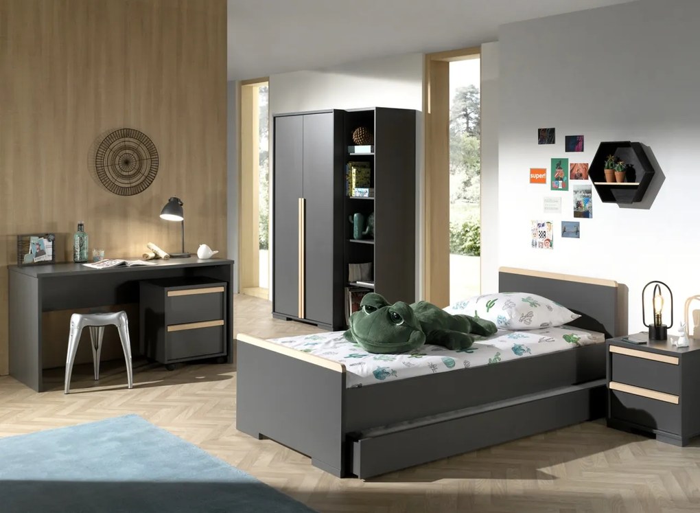 Set LONDON în culoarea antracit format dintr-un Pat copii (90x200) cu sertar, noptieră, Dulap camera copii cu 2 uși, birou cu cărucior de birou și