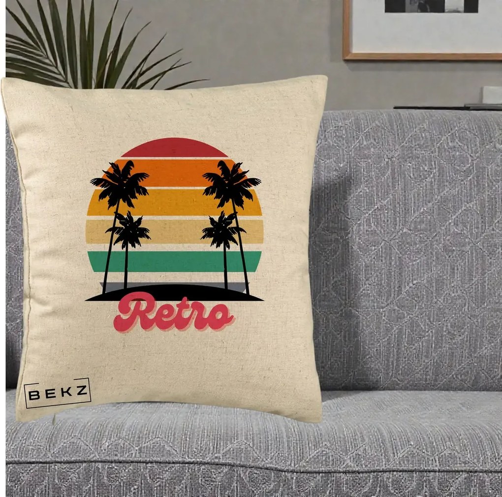 Perna Decorativa Retro Sunset Palmieri, 40x40 cm, Bej, Husa Detasabila, Perna Inclusa, BEKZ®
