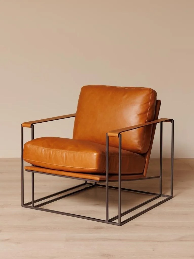 Fotoliu lounge din piele naturală cognac cu structură metalică, „Amsterdam”