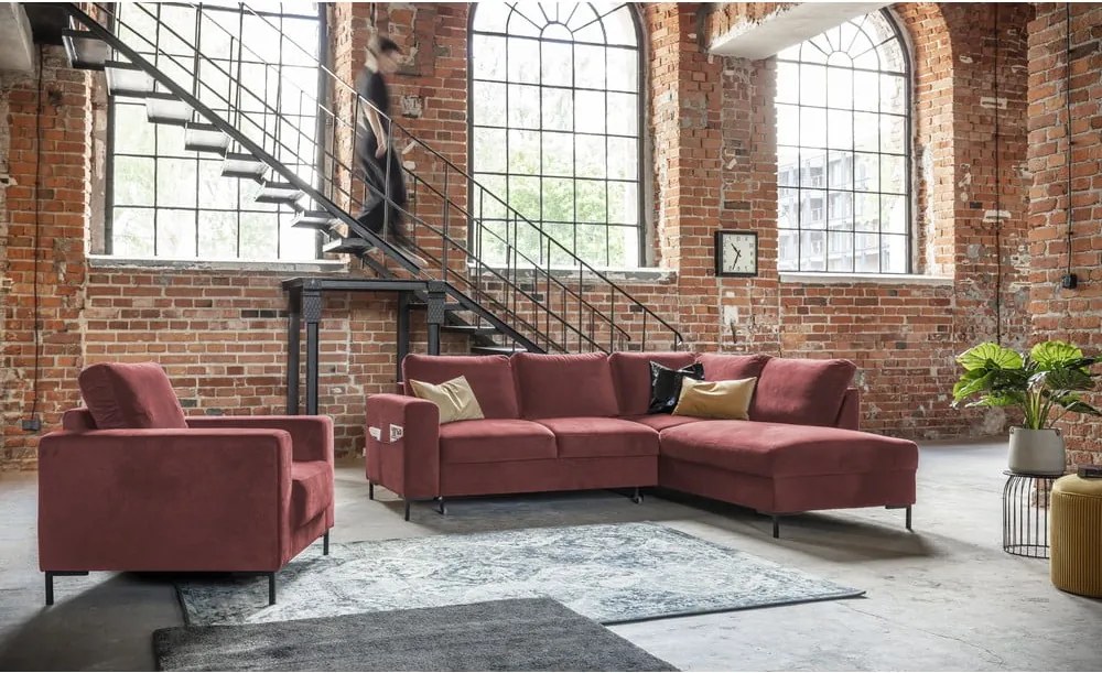 Colțar roz extensibil cu tapițerie din catifea (cu colț pe partea dreaptă) Lofty Lilly – Miuform