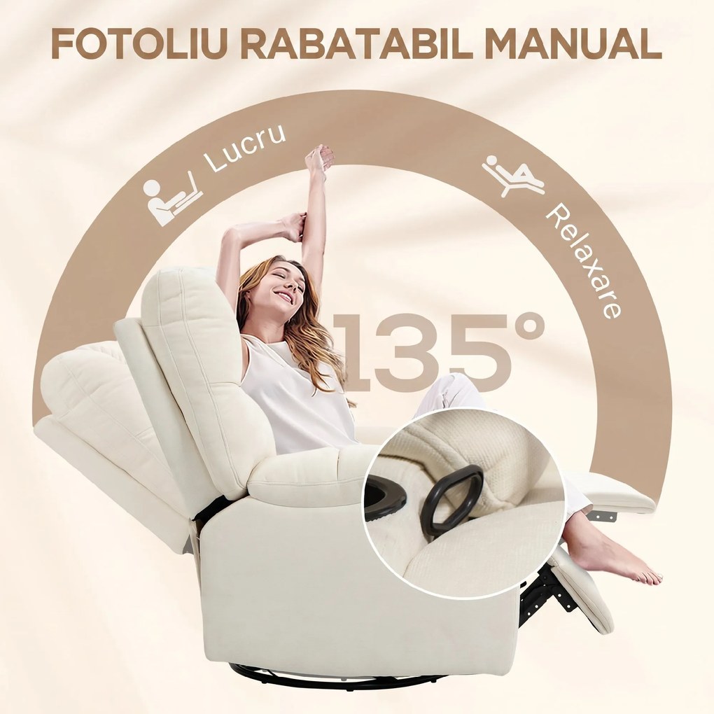 HOMCOM Fotoliu Modern Reclinabil 135° cu Suport pentru Picioare și Suporturi pentru Pahare Bej | Aosom Romania