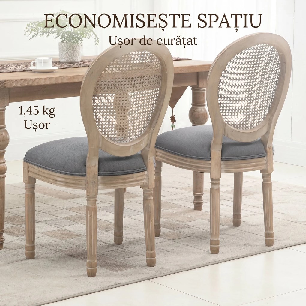 HOMCOM Set 2 Scaune de Dining Vintage, Material cu Efect de In, Spătar din Ratan Perforat, Picioare din Lemn, Gri | Aosom Romania