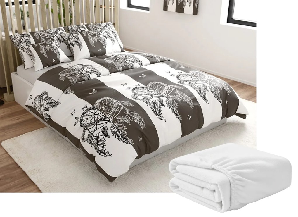 Set lenjerie cocolino TIRSO alb-gri + cearsaf Cocolino microplus cu elastic SOFT 180x200 cm alb, pat dublu