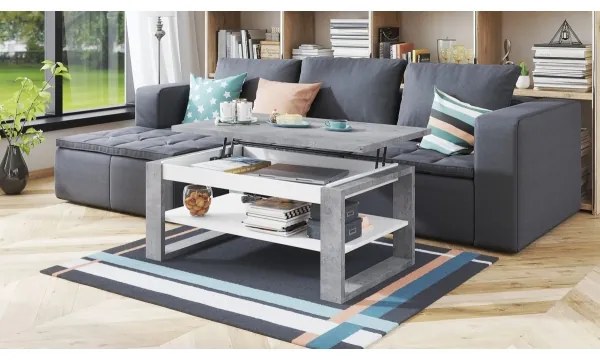 Masă de cafea NEA cu blat rabatabil și poliță, gri beton/alb