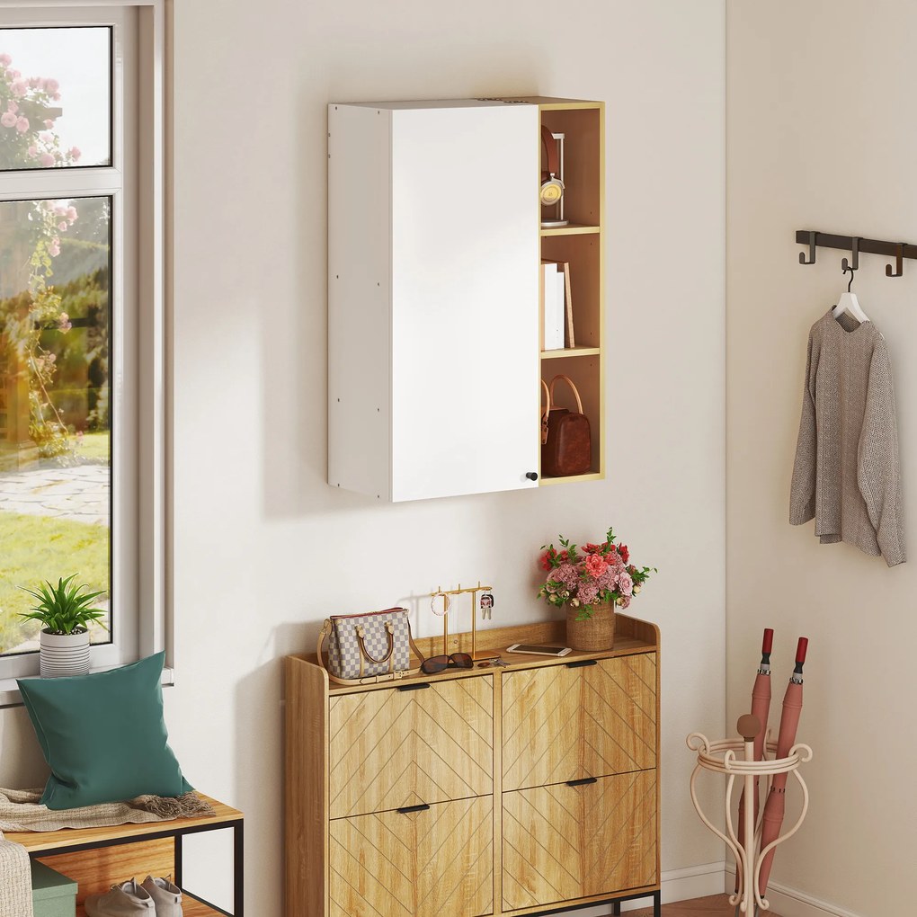 HOMCOM Dulap de Baie Suspendat cu Uși Soft Close, Dulap de Baie Suspendat cu Rafturi Reglabile și 3 Rafturi Deschise, 59.5x30x90 cm, Alb și Culoare Lemn | Aosom Romania